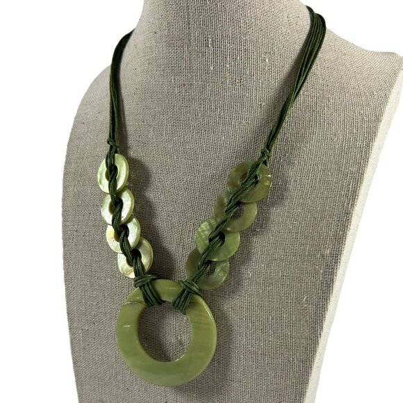 Green 4 Strand Corded Disc Necklace Statement 16-18.5" Circle Pendant Career - Picture 1 of 10